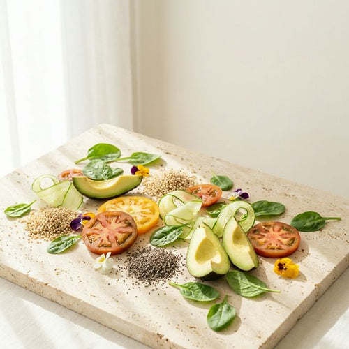 Frisches Gemüse und Superfoods auf Steinplatte — gesunde Ernährung mit LIKYA