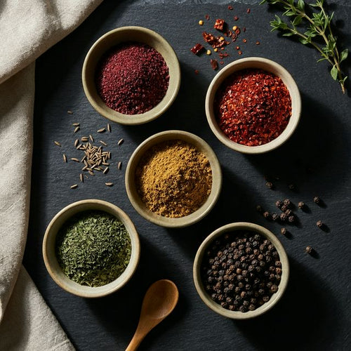 5 türkische Gewürze — Sumach, Pul Biber, Kreuzkümmel, Minze und Schwarzkümmel