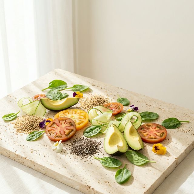 Frisches Gemüse und Superfoods auf Steinplatte — gesunde Ernährung mit LIKYA