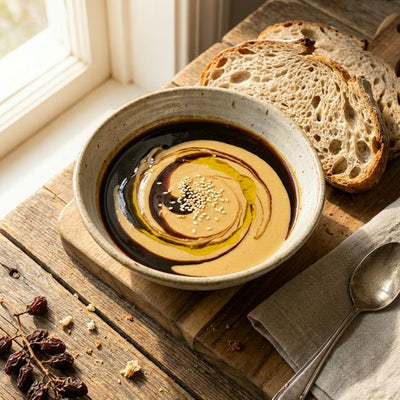 Pekmez und Tahini in handgemachter Schale — türkisches Power-Frühstück