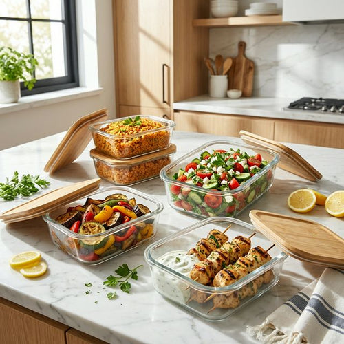 Türkisches Meal Prep — Bulgur, Salat, Grillspieße und gegrilltes Gemüse in Glasboxen