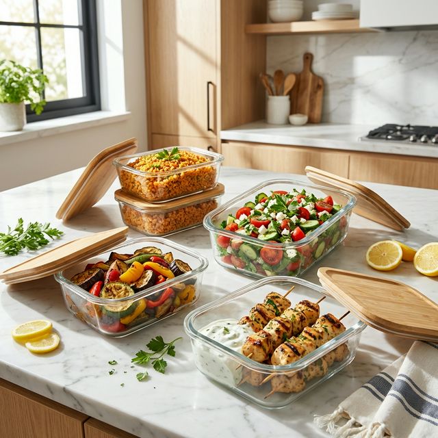 Türkisches Meal Prep — Bulgur, Salat, Grillspieße und gegrilltes Gemüse in Glasboxen
